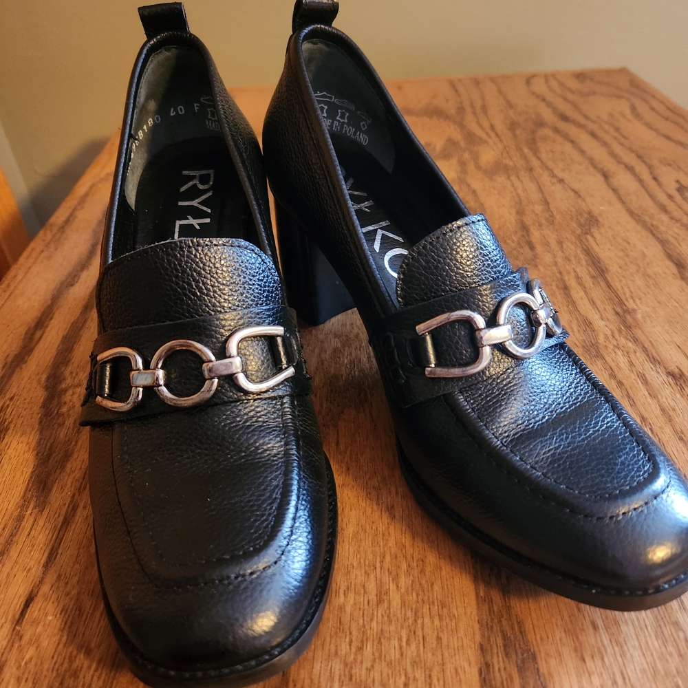 Made In Europe, Ryłko Brand, Black Leather Block  Heels with Chain Detail
